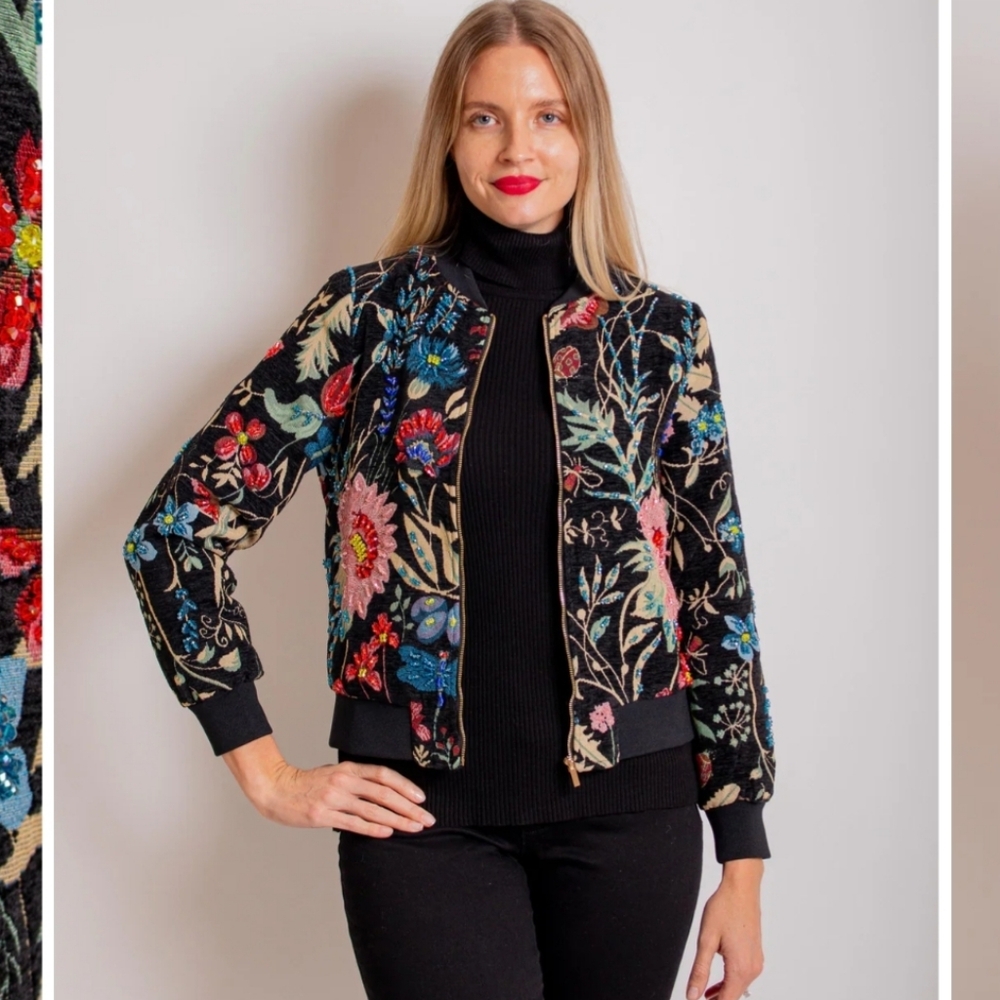 A.Z.I New York Desiree Black Floral Embroidered Beaded Bomber Jacket Sz Medium - Picture 1 of 9